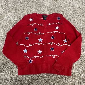 NWT Red Patriotic Sweater Ladies Large Cardigan Stars Long Sleeve Buttons Blue